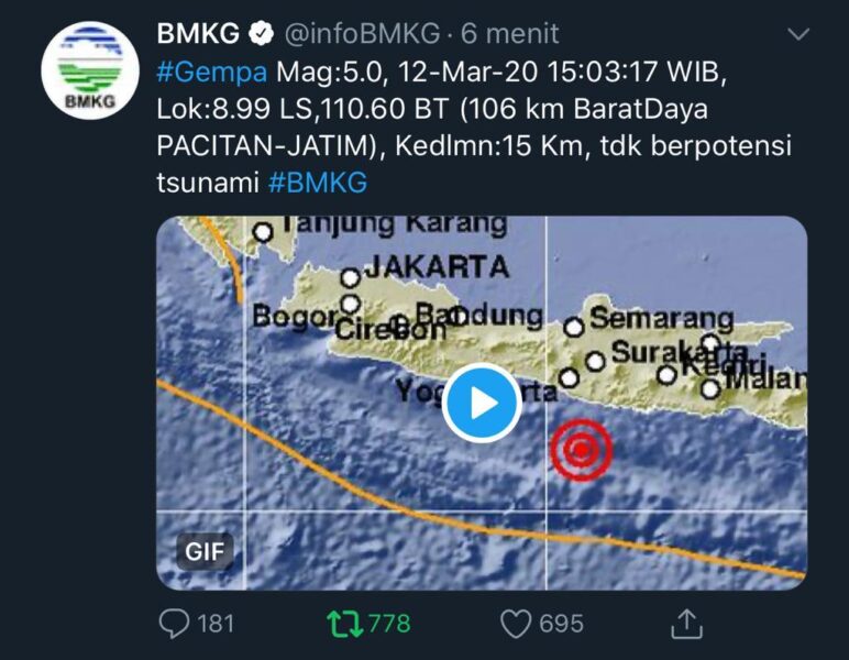 Pacitan Diguncang Gempa Bumi Berkekuatan 5 SR Kamis Sore