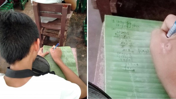 Tak Mampu Beli Buku, Siswa Ini Tulis Pelajaran di Daun Pisang