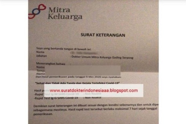 Ini Klarifikasi RS Mitra Siaga Soal Surat Bebas Corona Dijual Online