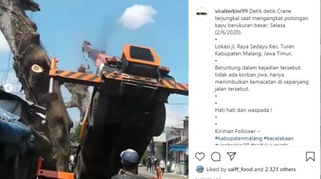 Viral Video Crane Terjungkal Saat Angkat Potongan Pohon di Malang