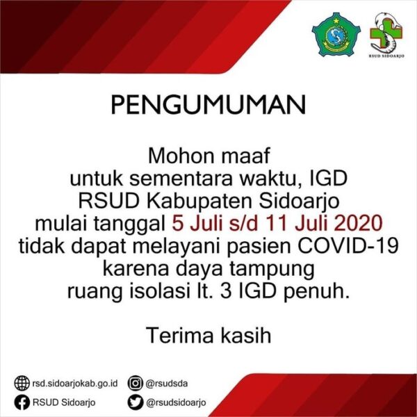 RSUD Sidoarjo Tak Terima Pasien Covid-19 Hingga 11 Juli