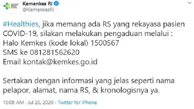 Kemenkes: Silahkan Lapor Jika Temukan RS yang Rekayasa Pasien Covid-19