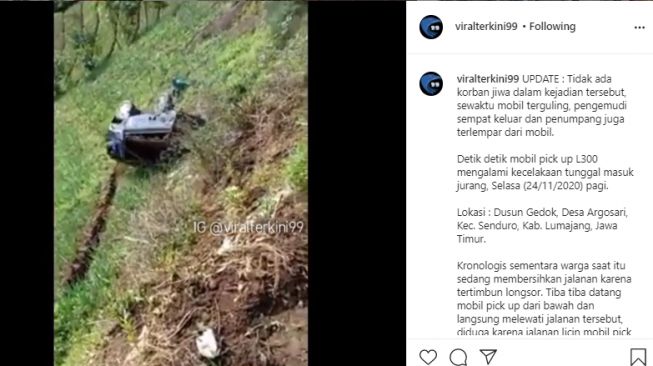 Begini Detik-Detik Pikap Terjun ke Jurang di Lumajang yang Viral