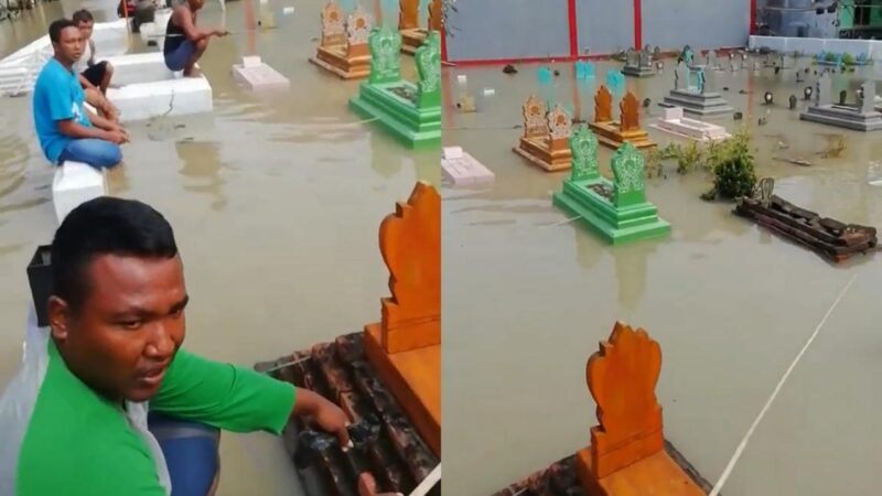 Viral, Memancing di Permakaman yang Kebanjiran