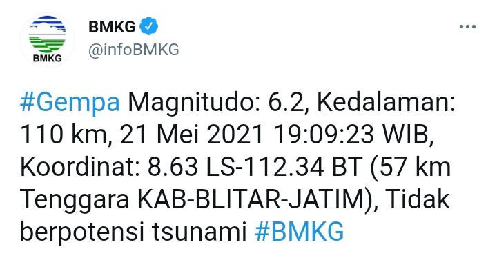 Gempa Magnitudo 6,2 Guncang Blitar, Getarannya Sampai Madiun