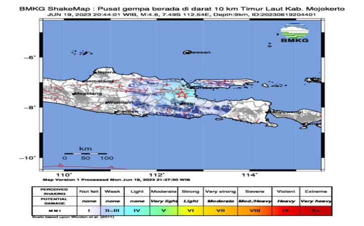 Mojokerto Diguncang Gempa Berkekuatan Magnitudo 4,6 pada Senin Malam