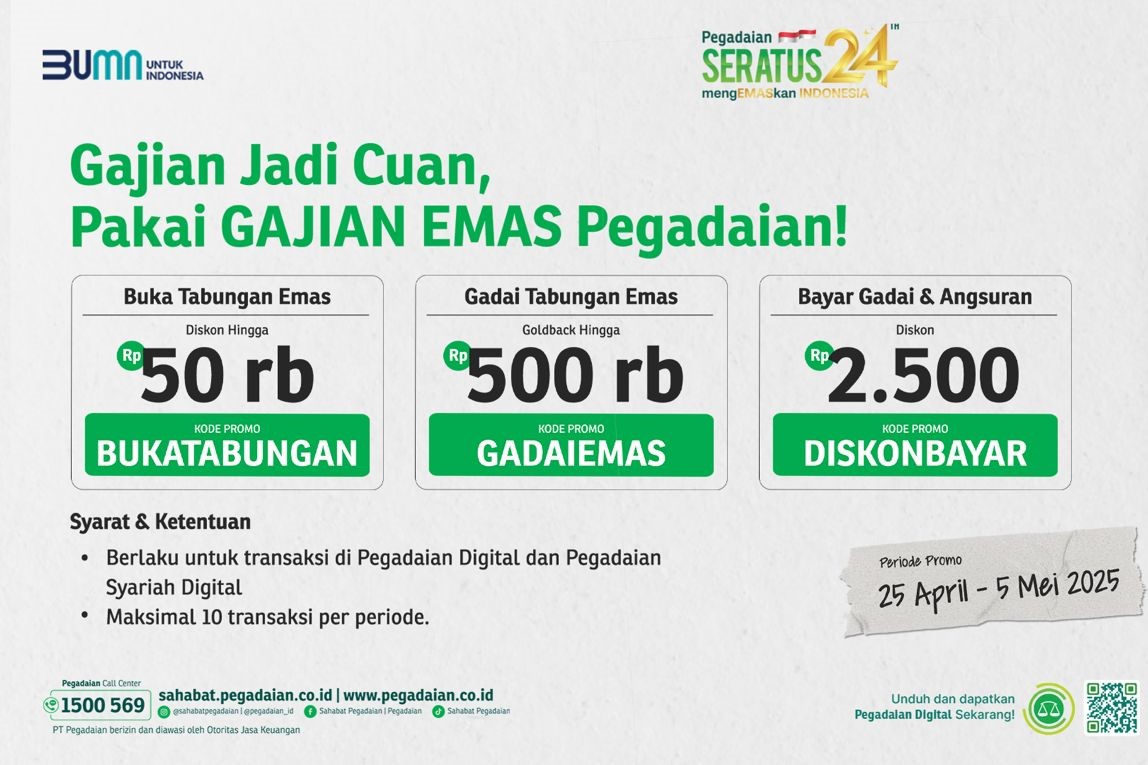 Bank Emas Pegadaian menghadirkan promo Gajian Emas melalui aplikasi Pegadaian Digital. (Istimewa)